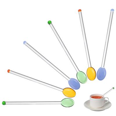 6 Stück Transparente Glas-Milchgetränke mit langem Griff Runde Form Schöne Rührstäbe Swizzle Rührstäbe für den Haushalt (Sortierte Farbe)