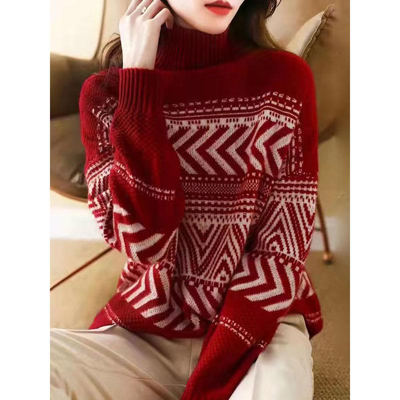 

Зимний новый ретро водолазка жаккардовый свободный большой размер вязаный свитер женский утолщенный мягкий восковой верхняя одежда с нижним свитером L красный