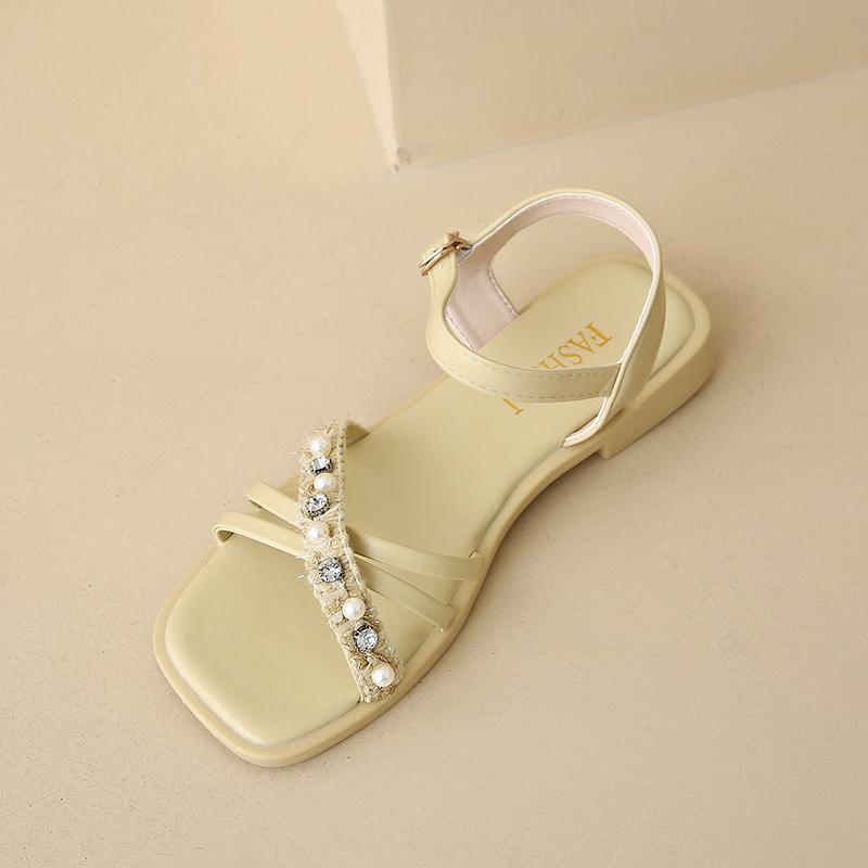 Fashion Women's Summer Sandals Fashion Square Head Shallow Mouth Crystal Thin with Soft Sole Anti-slip Wear-resistant Low Heel Shoes