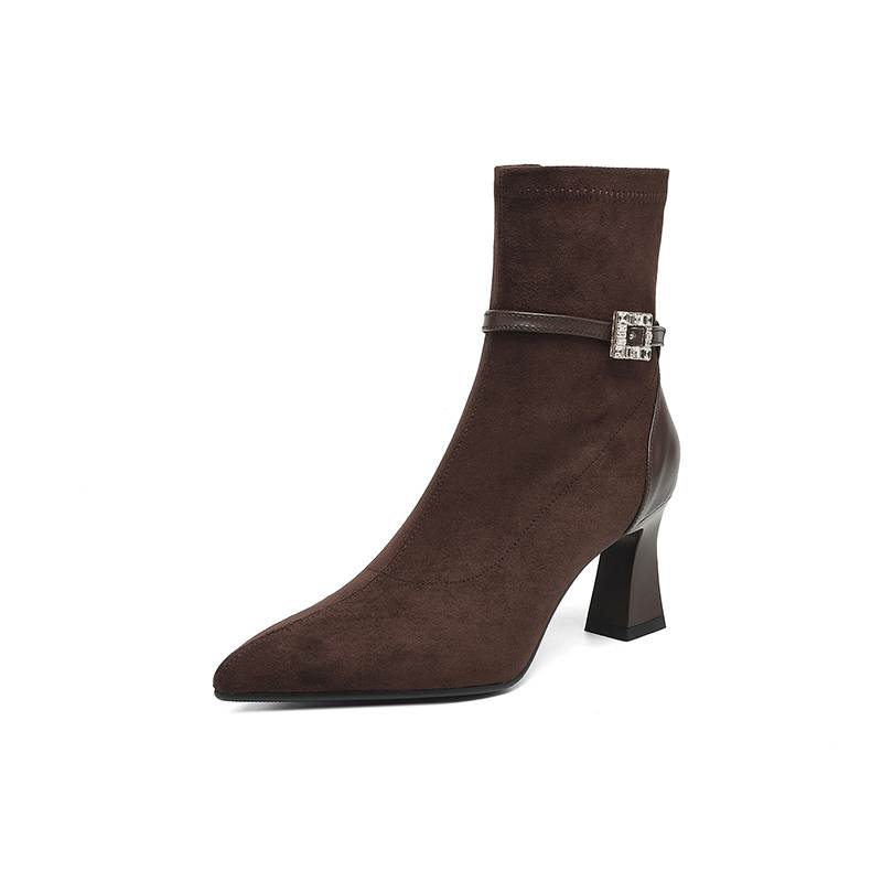 Krazing Pot Flock Pointed Toe Thin High Heels Modern Boots Size 42 Zip Plus Size Crystal Buckle Women Elastic Ankle Boots