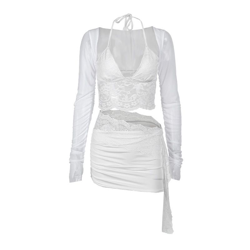 Fashion Ins New Arrival Fashion Sexy Deep V Lace Patchwork Mesh Long Sleeves Tops Sexy Sheath Skirt Outfit Women