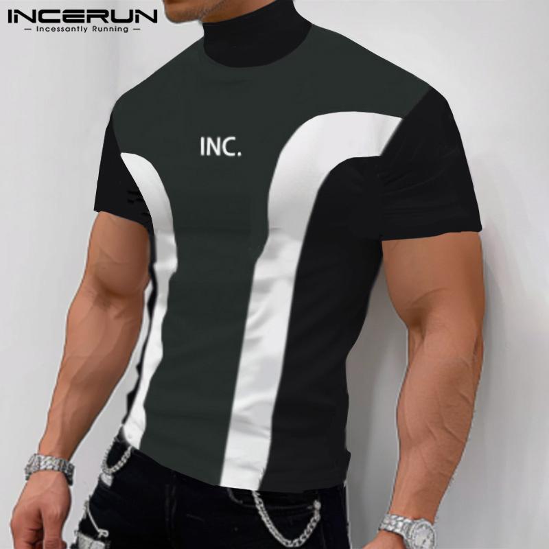 

INCERUN Men Summer Stitching Print Short Sleeve Mockneck T-shirts Tops XL темно-синий