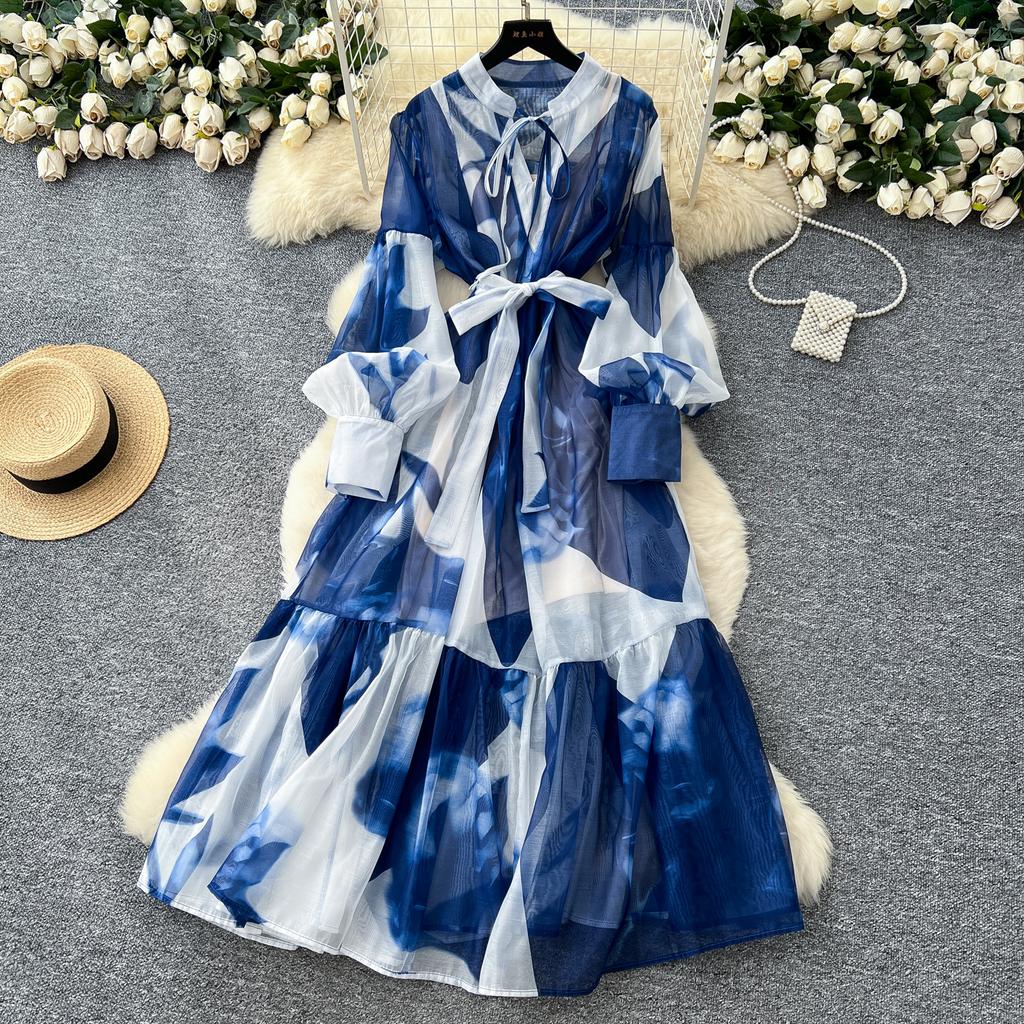Sexy Long Sleeve Mesh Sweet Print Dress Chic Vintage Evening Party Club  Women Chic Summer Beach Long Dresses