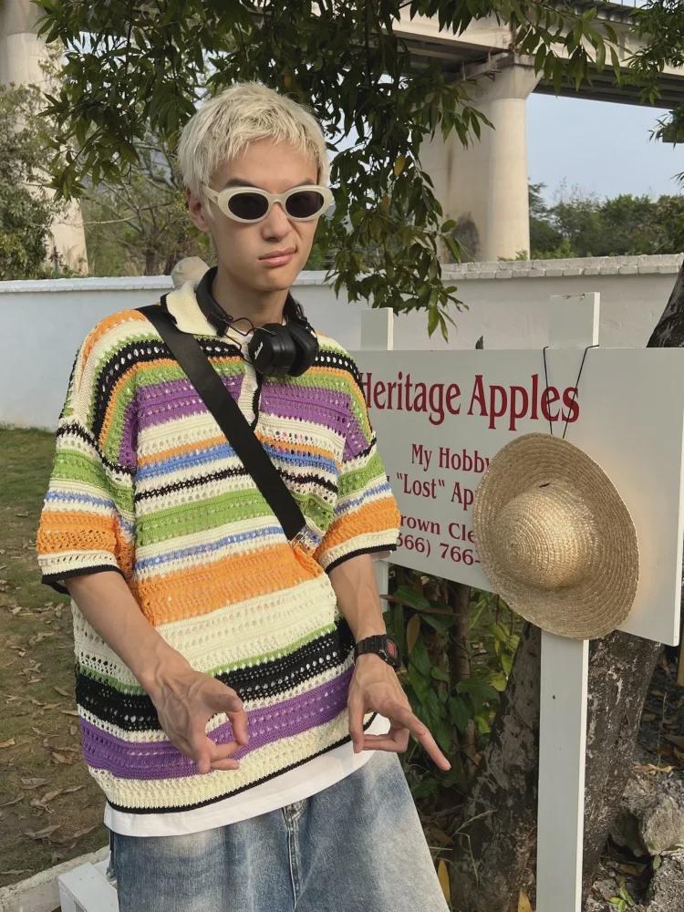 Unisex Retro Striped Knit Sweater: Loose Lapel Casual Top for Spring & Summer