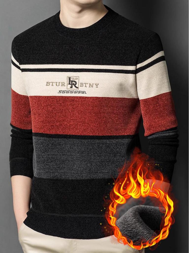 Men's Winter Chenille Sweater - Round Neck, Warm Velvet-Lined, Thick Knit Base Layer for Middle-Aged Men