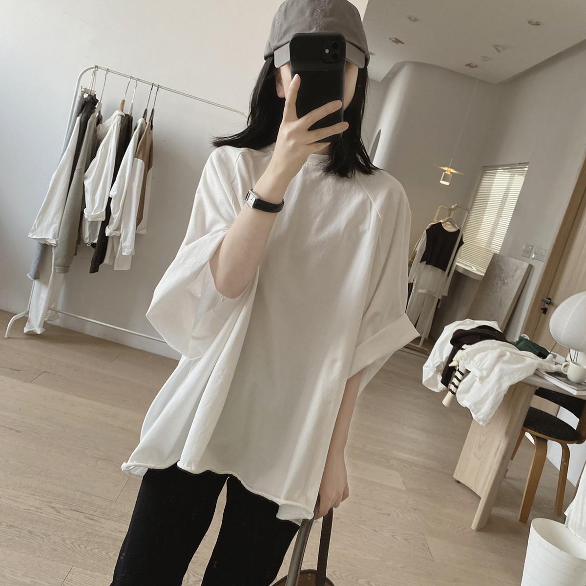 Loose Plus Size Cotton Raglan Sleeve Pullover - Five-Sleeve Summer Top One Size белый