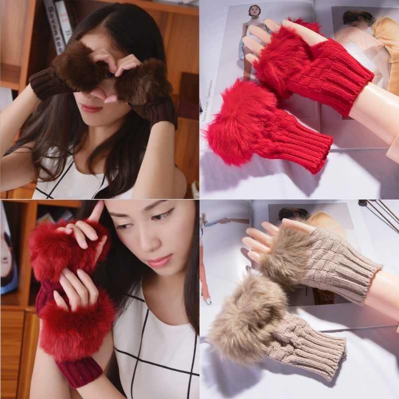 Solid Color Plush Knitted Half Finger Gloves Thickened Warmth Gifts Fashion