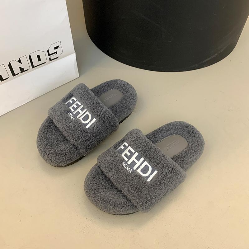 Retro Black Thick-soled Fluffy Slippers for Women's Outerwear 2025 Autumn and Winter New Fashion Letters Versatile One-word Cotton Slippers