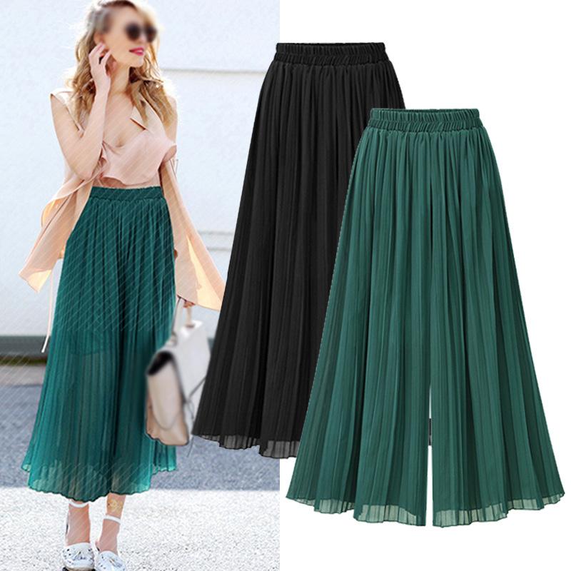 Zomer Dames Dames Geplooide Baggy Strandculottes Casual losse chiffon Wijde broek Rokbroek