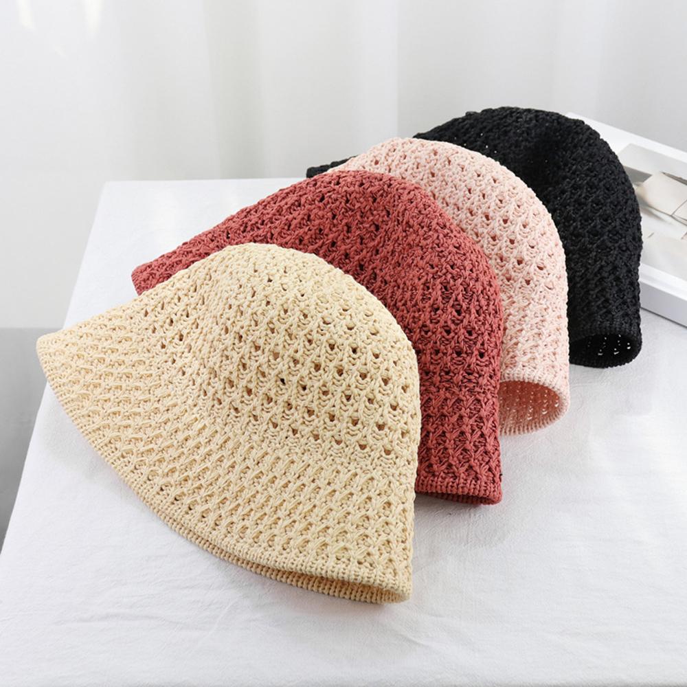 UV Protection Solid Color Hollow Out Foldable Beach Cap Sun Hat Women Straw Hats Bucket Hats