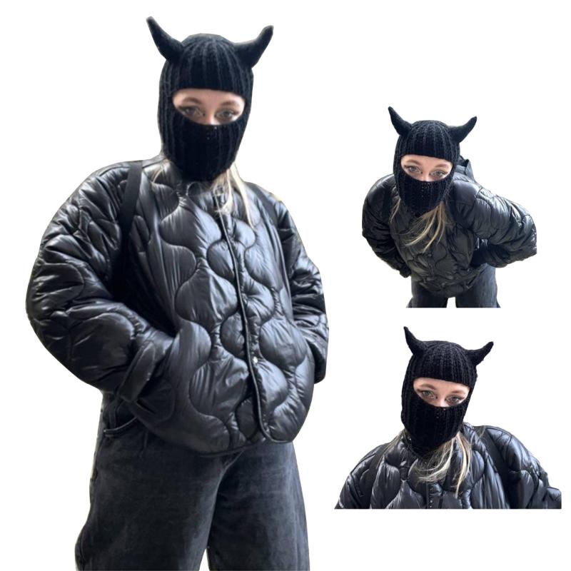 Novelty Devil Horn Face Cover Hat Knit Balaclava Cap for Women Men Winter Warm Hat Adult Halloween Costume Role Play Cap