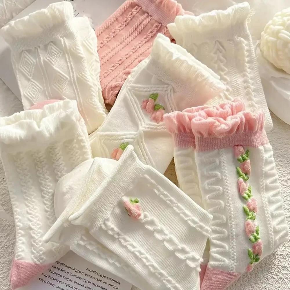 5 Pairs Cute Lace Mid Tube Socks Women's  Ruffled Harajuku Style Autumn Winter Soft Versatile Fashionable Girl Socks