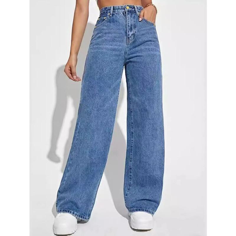 Loose straight-leg stretchy women's denim pants