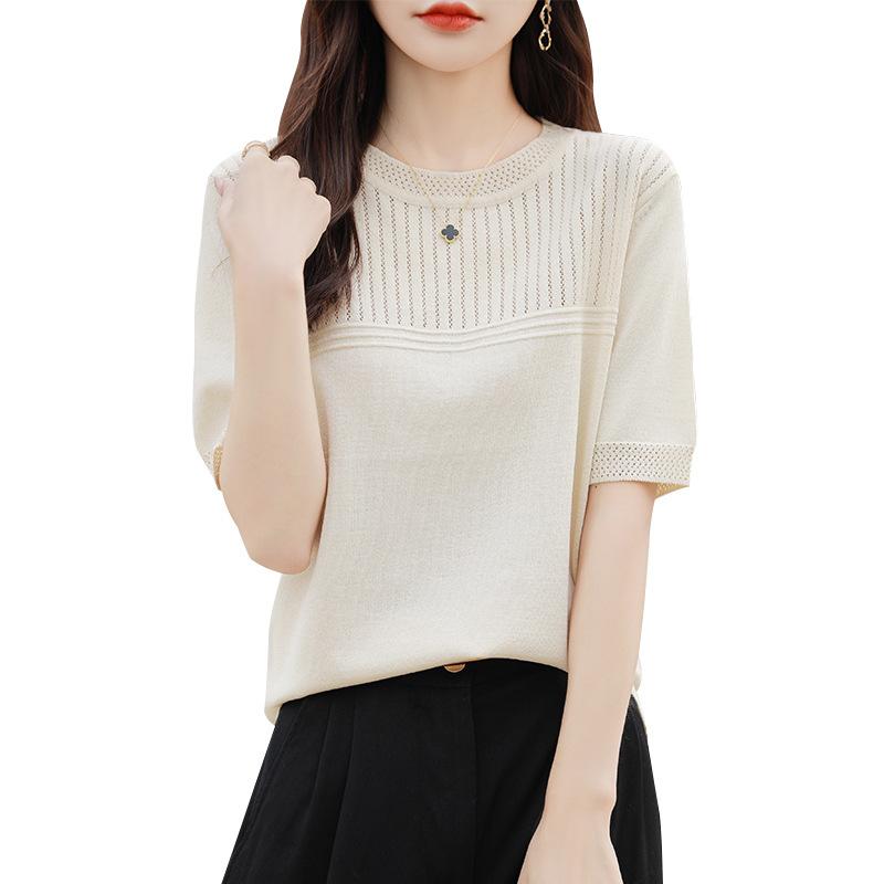 Women's Clothing Ice Silk Short Sleeve Women's Sweater T-shirt Women's Round Neck Thin Korean Style