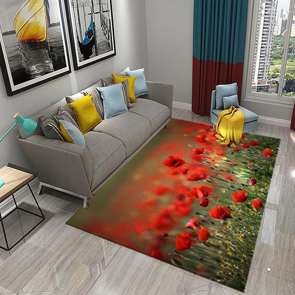 3D Rote Mohnblumen Teppich Romantisches Blumenmeer Teppiche Fußmatte für Badezimmer Küche Eingangsteppiche Schlafzimmer Wohnzimmer Dekor Bereichsteppich
