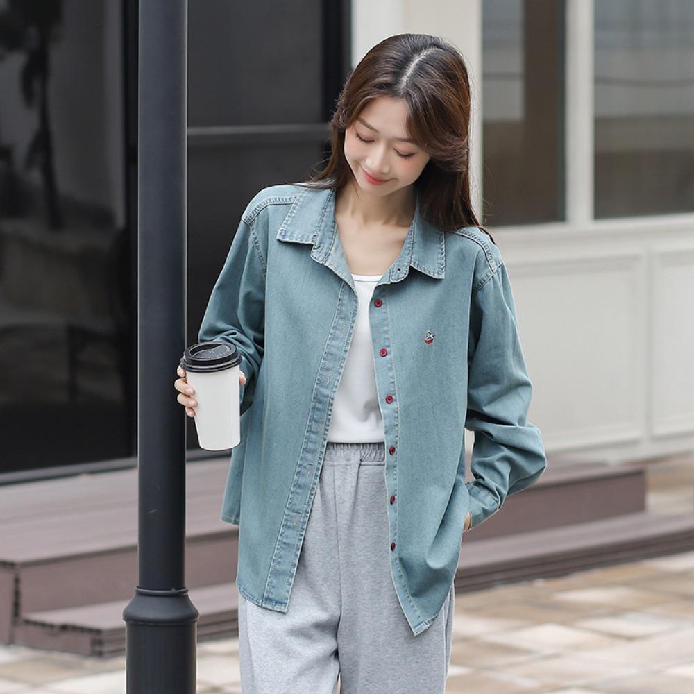 High Quality Casual Denim Shirt Women New Arrival 2025 Spring Korean Style Embroidery Basics Female Long Sleeve Tops