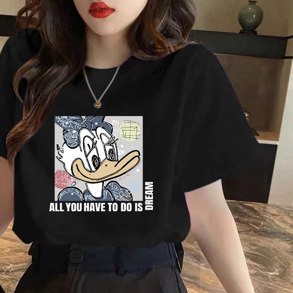 Kurzarm-T-Shirt aus reiner Baumwolle für Damen im Sommer. Neues bedrucktes, schulterfreies Kurzarm-T-Shirt mit Rundhalsausschnitt.