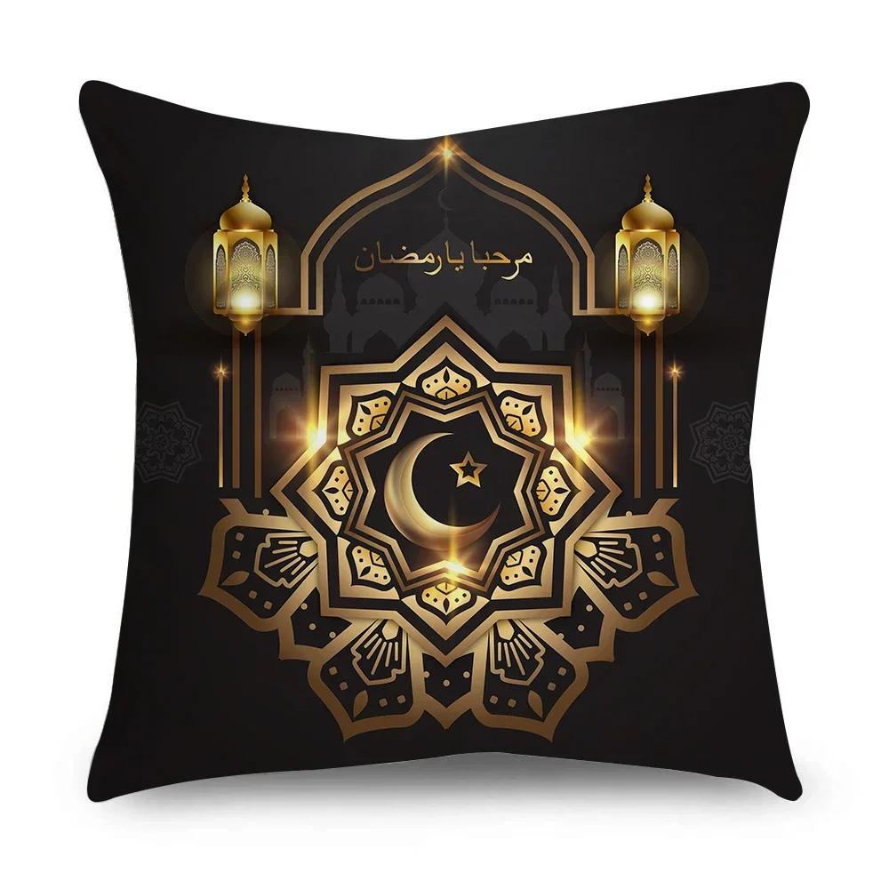 

Ramadan Cushion Cover Islamic Eid Mubarak Black gold Pillow covers Home Decor Sofa Decorative Short velvet Pillowcase _H,(3) 66x66cm
