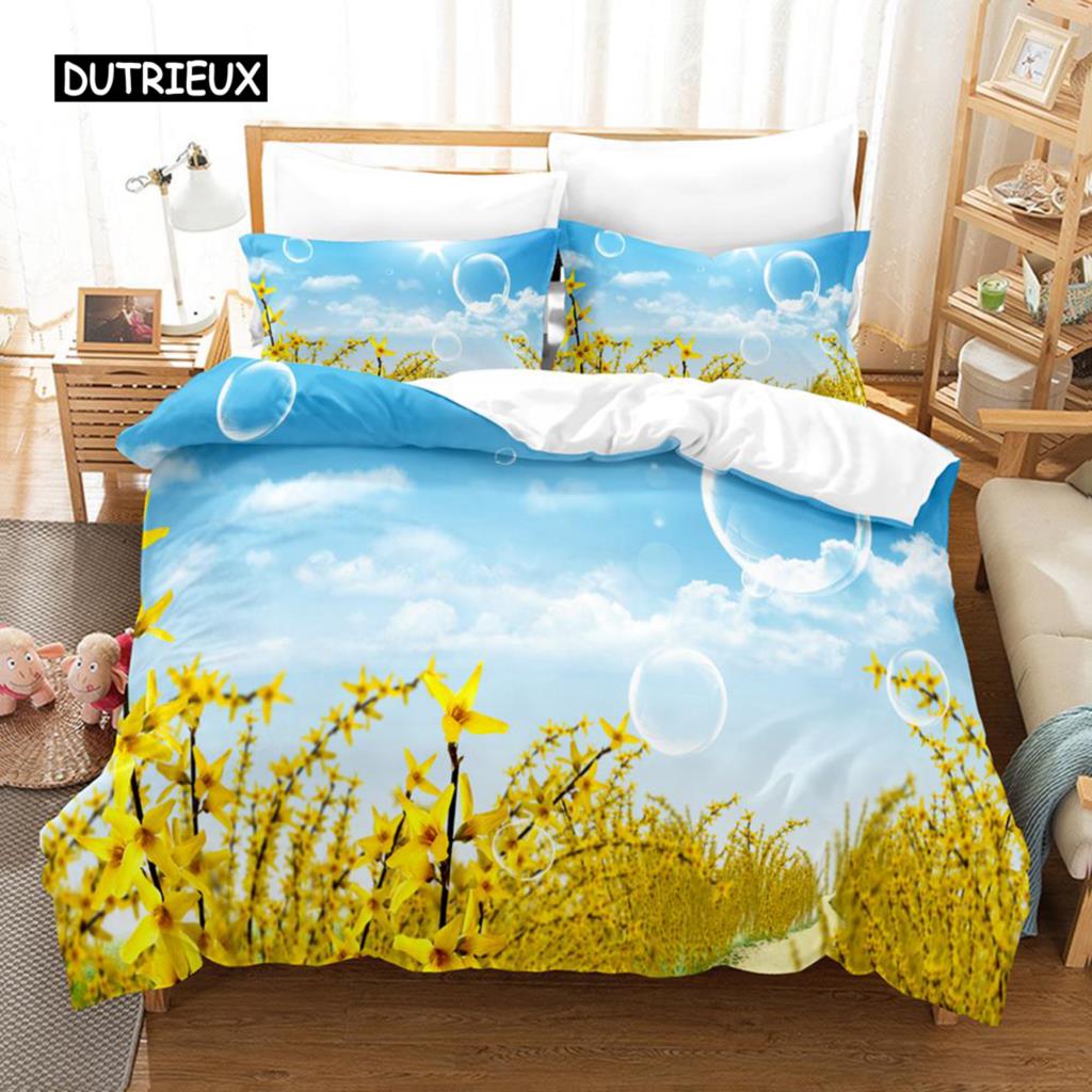 Natural Landscape Duvet Cover Set Blue Sky Lawn Flower Double Queen King Size 2/3Pcs Polyester Quilt Cover for Kids Teens Adults