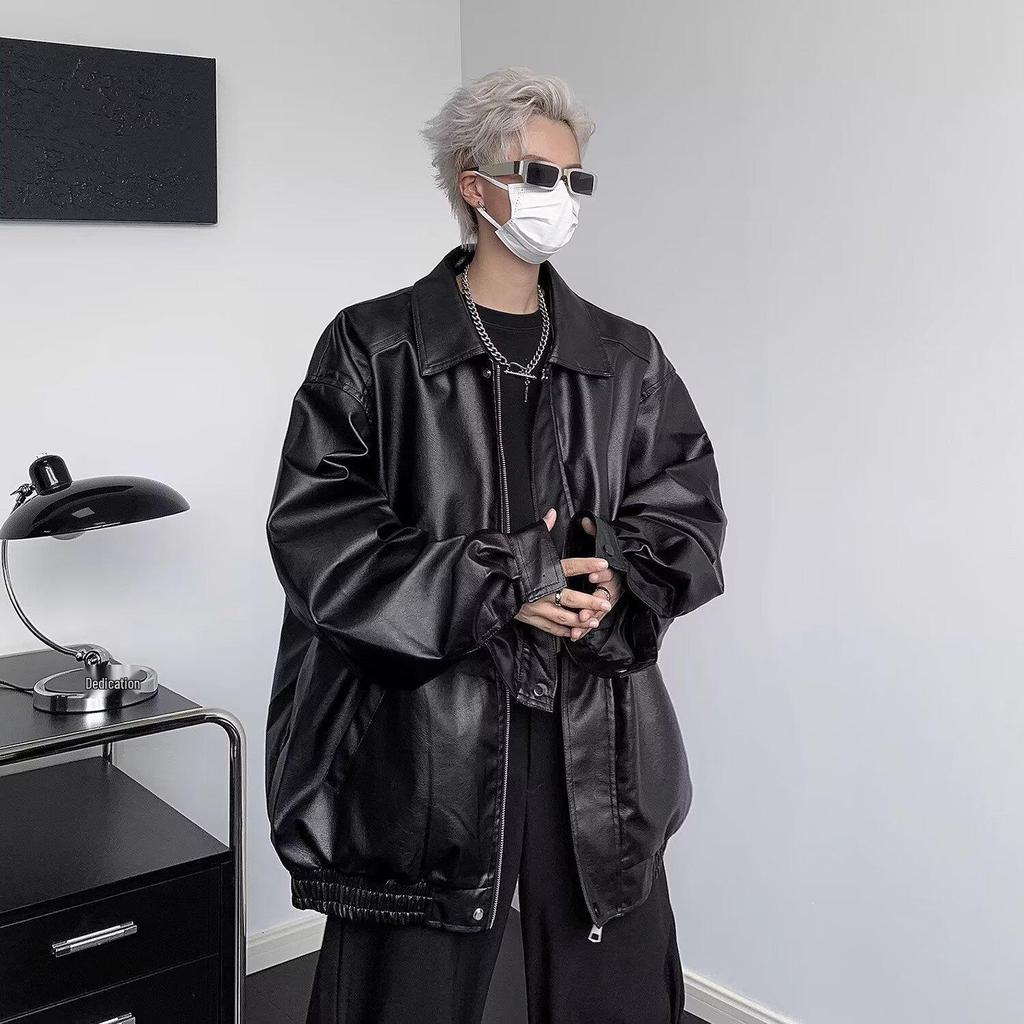 Men's Japanese Retro Leather Motorcycle Jacket - Spring/Autumn Streetwear, Trendy Loose Fit, Cool Lapel Style.