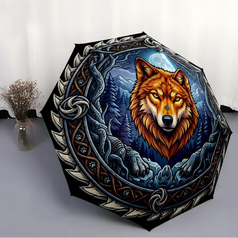 Wolf Moon Forest Crest pattern umbrella, portable and foldable design, 8 ribs, a casual accessory for Halloween, Christmas, and birthday gifts.