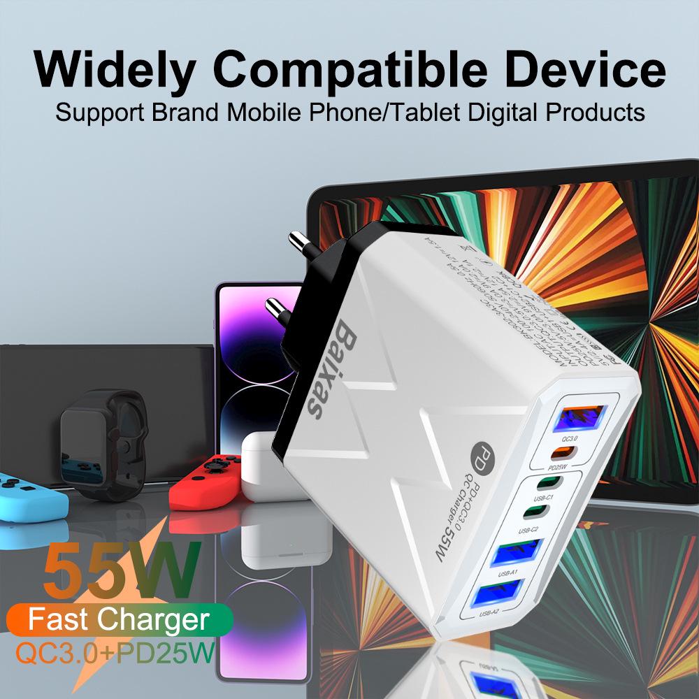 PD 25W 6-Port Fast Charger: 3 USB, 3 PD, 55W QC3.0 EU Standard for Mobile Phones