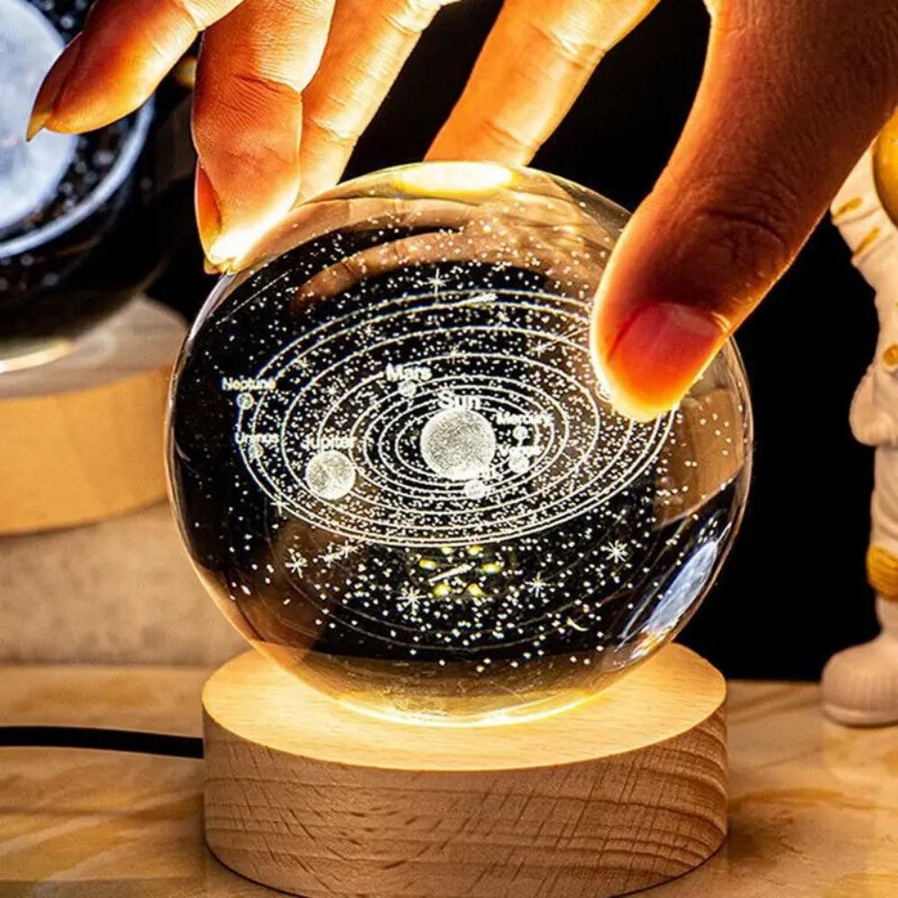 6/8cm 3D Crystal Ball Glass Planet LED Warm Night Light Laser Engraved Solar System Globe Universe Birthday Gift Wooden Base
