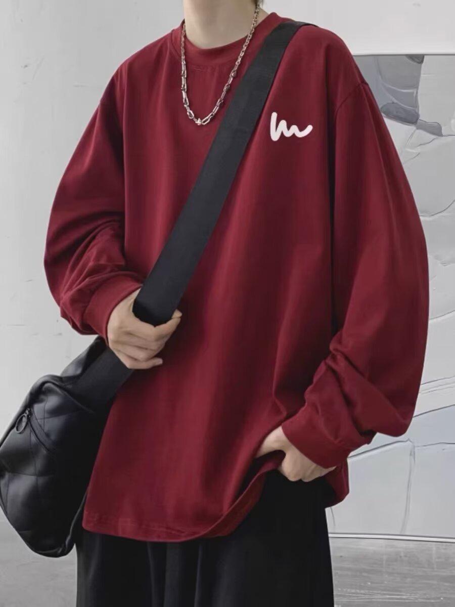 

Мужская футболка свободного кроя в корейском стиле 2024 года с длинным рукавом белого цвета M бордовый