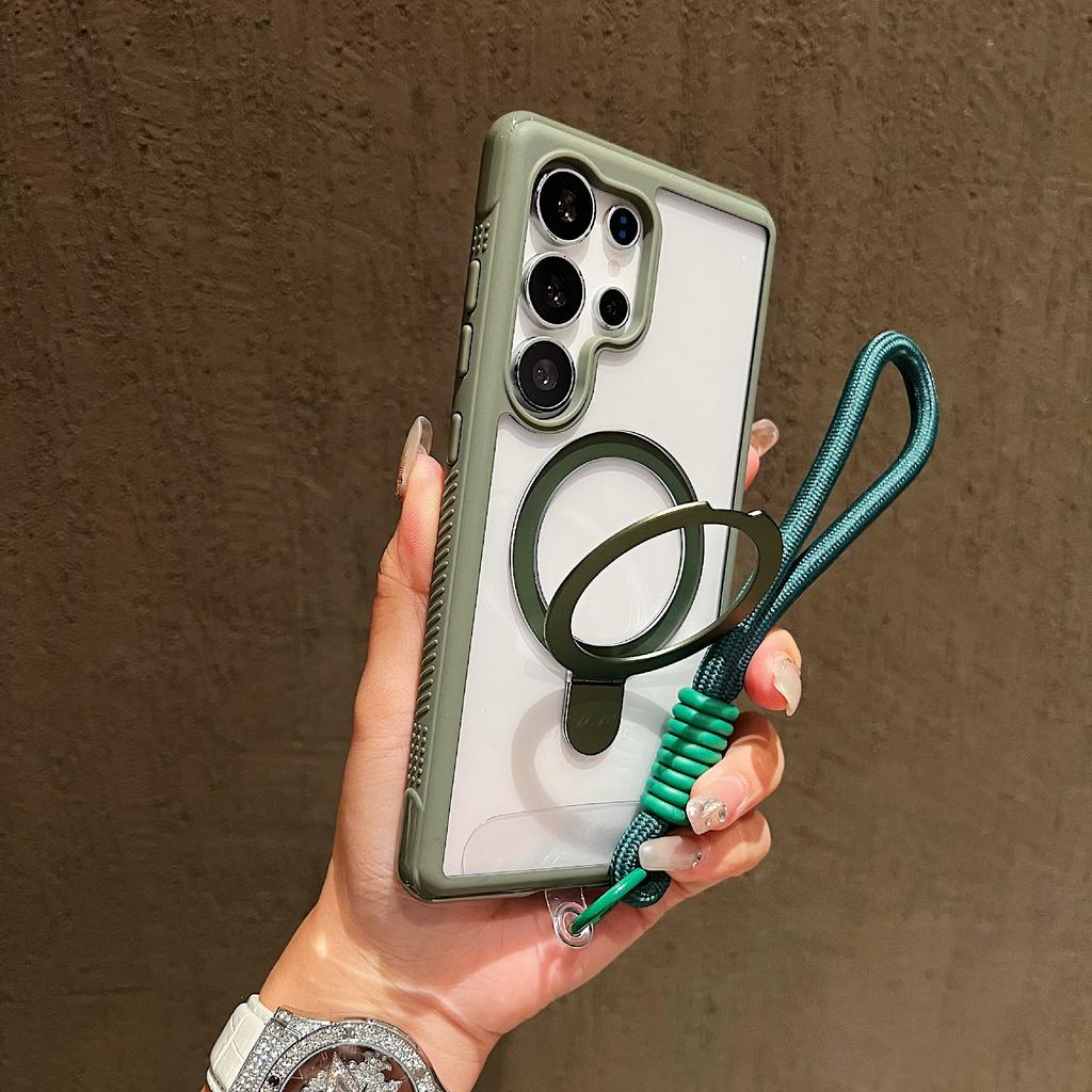 For Samsung Galaxy S25 Ultra Magnetic Case Kickstand TPU PC Clear Phone Back Cover with Wrist Strap