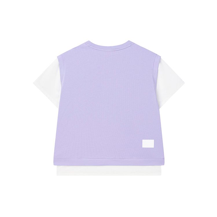 FILA Color Block Fake Two-Piece Round Neck Short Sleeve T-Shirt Women Tops Mousse-Purple F11W229114FVT