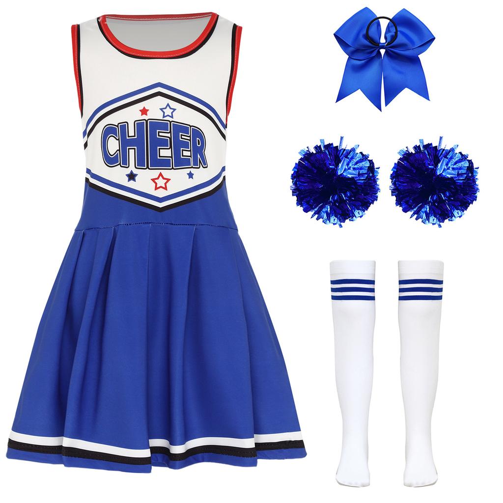 Vestito Completo Cheerleader per Ragazze Senza Maniche Gonna Pieghettata Stampa Lettere Fiori Pompom Accessori per Capelli Calzini a Tubo a Righe Costume Completo