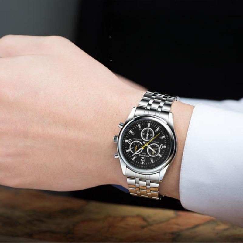 KINGNUOS Ultra Slim 3-Augen-6-Zeiger-Stahlarmband, wasserdichte Stahlarmbanduhr, blaue Glasuhr