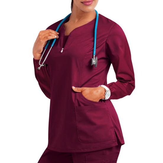 Nurse Uniform Top with 4 Pockets Zipper Half Placket Long Sleeve Side Slit