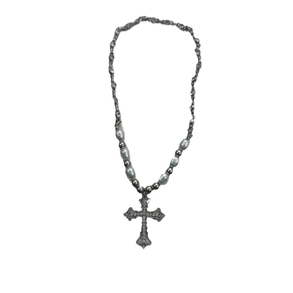 Gothic Punk Hollowed-out Cross Zircon Pendant Imitation Pearl Beaded Necklace for Women Hip-hop Trend Charm Jewelry Accessories