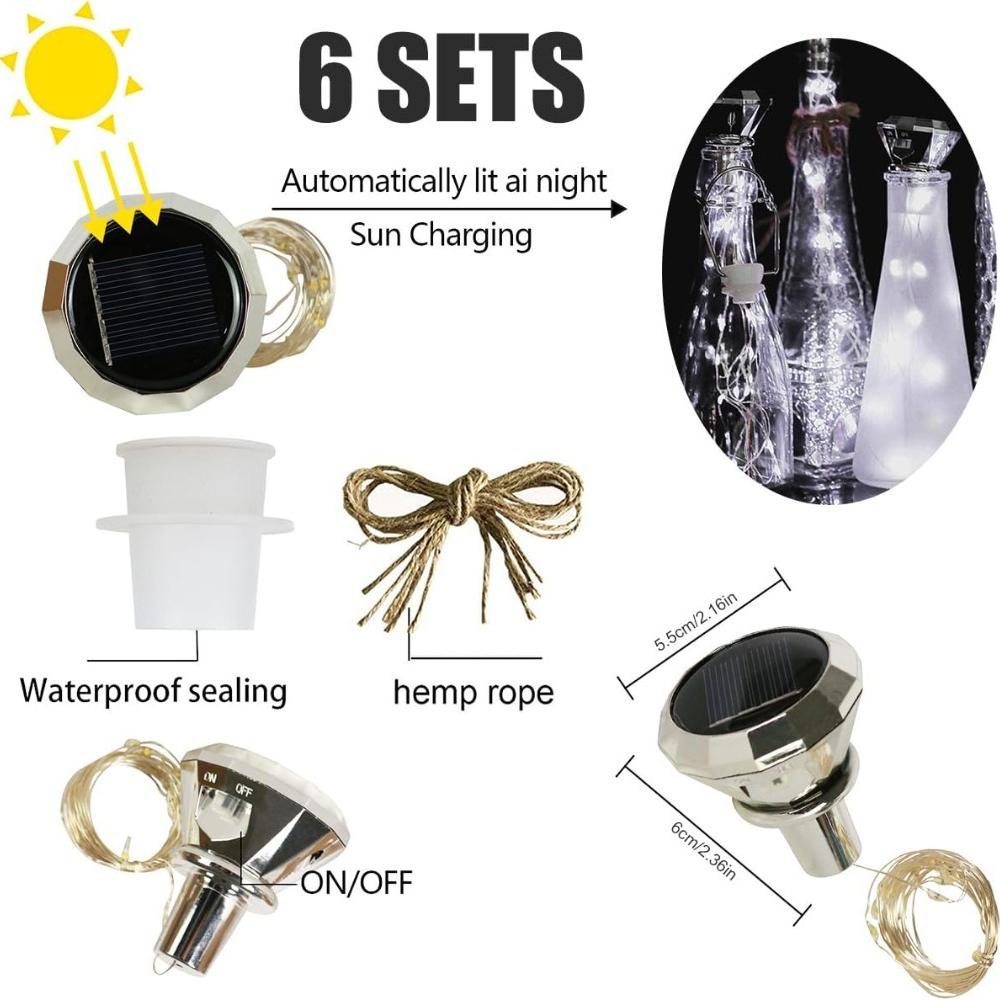 6Pcs Solar Bottle Lights Outdoor Waterproof Wine Bottle Lights 2M 20 LED Copper Wire Fairy String Lights Auto On/Off for Wedding Christmas Party