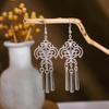 Ethnic Miao Silver Style Long Tassel Earrings with Ancient Scenic Stud Design for Women