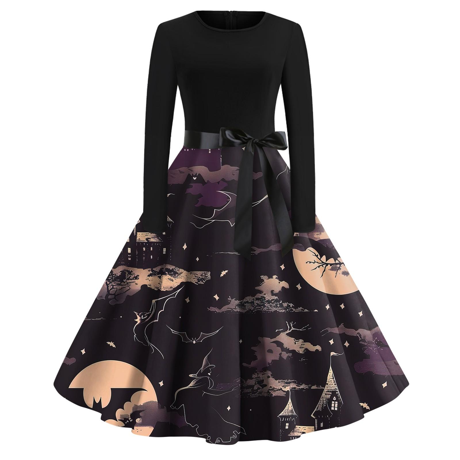 

Платье-клеш с принтом на Хэллоуин для женщин с длинным рукавом, повседневные платья с круглым вырезом и ажурной отделкой L жёлтый