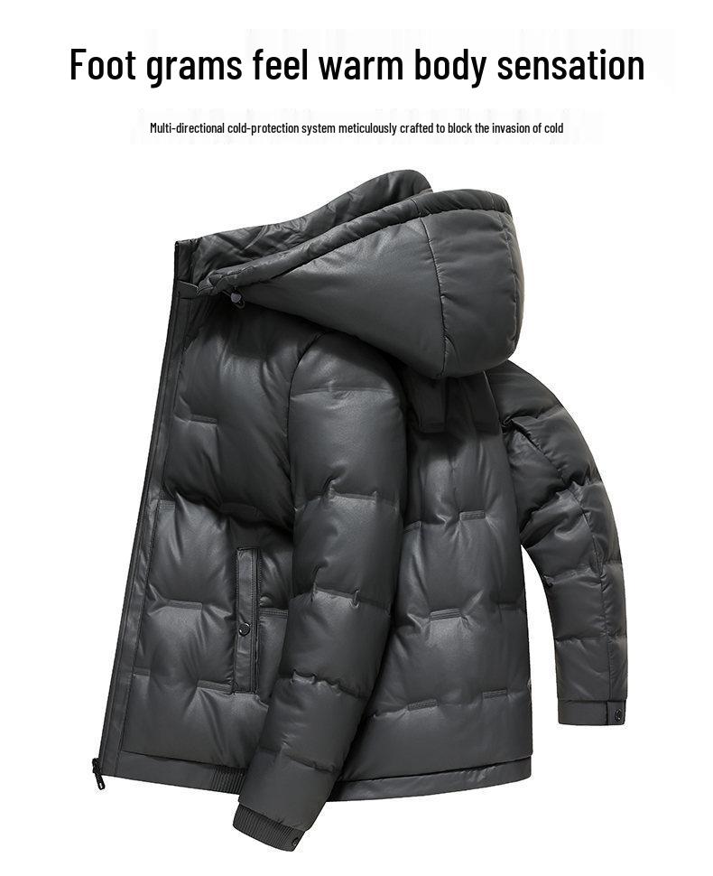 2025 Winter Men's Shiny Leather Hooded Down Jacket - Casual, Warm, Pure Color Outerwear