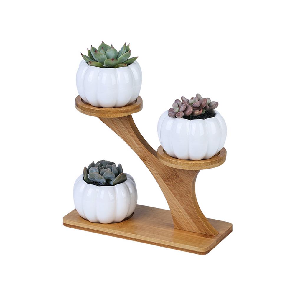 Modern Ceramic Plant Pot Bamboo Saucers Stand Holder for Home Office Decoration