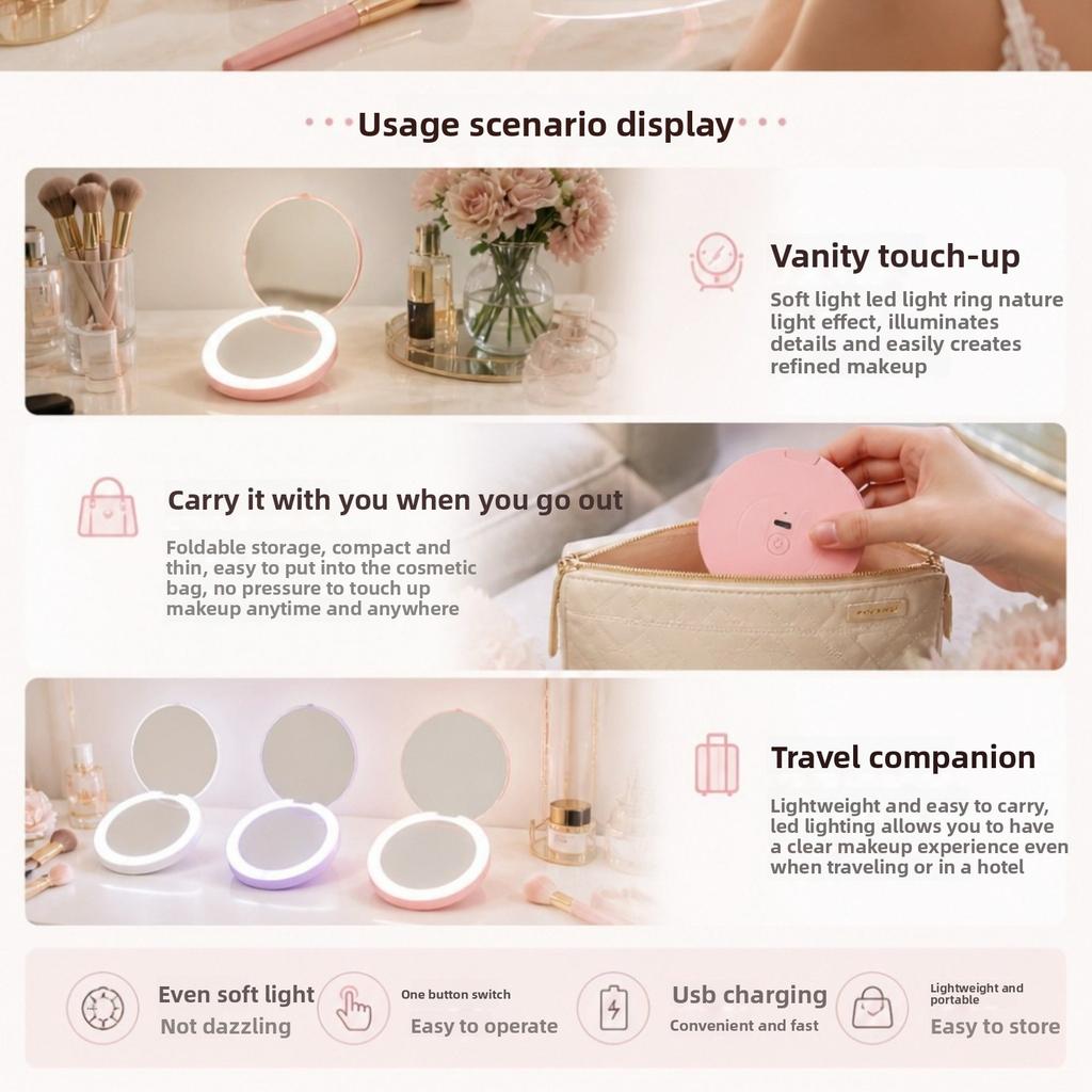 LED Foldable Makeup Mirror 2X Magnification USB Type-C Rechargeable Compact Mirror with Light Portable Travel Cosmetic Mirror for Women