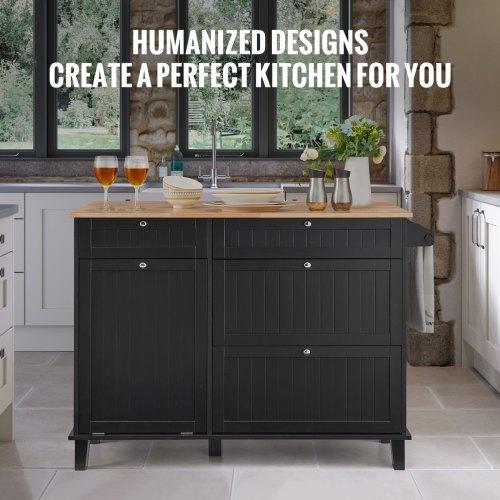 VEVOR Kitchen Island Cart, 50" Wood Top Breakfast Bar with Trash Cabinet Tilt Out 10 Gallon Storage