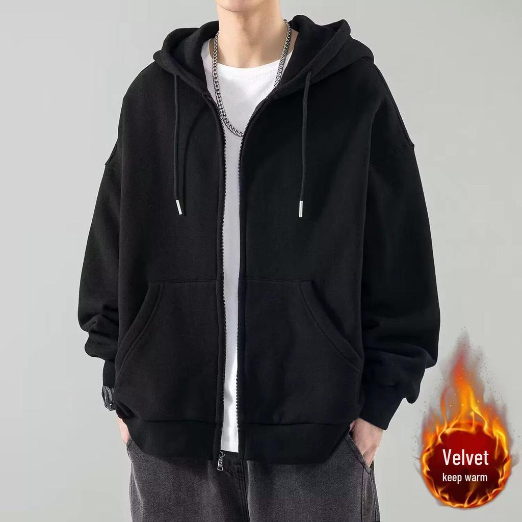 Japanese-Style Loose Zipper Hoodie for Men - Trendy Hong Kong & Korean Fashion, Casual Wear-Resistant Cardigan Jacket