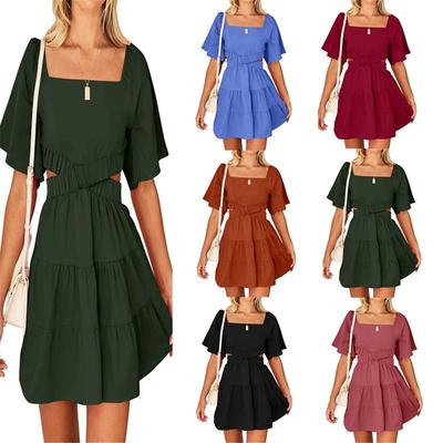 Women Summer Square Neck Short Sleeve Cutout Crossover Waist Casual Party Tiered A-Line Mini Dress