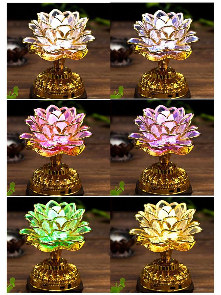 Seven-Color LED Rechargeable Buddha Offering Lamp - Lotus Design for Home and Guanyin Devotion.