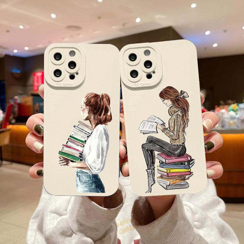 Read Book And Coffee Girl Phone Case Cute Cover for Iphone 7 8 Plus SE 2020 13 14 12 11 Pro Max X XS XR Soft Silicone Back Cover
