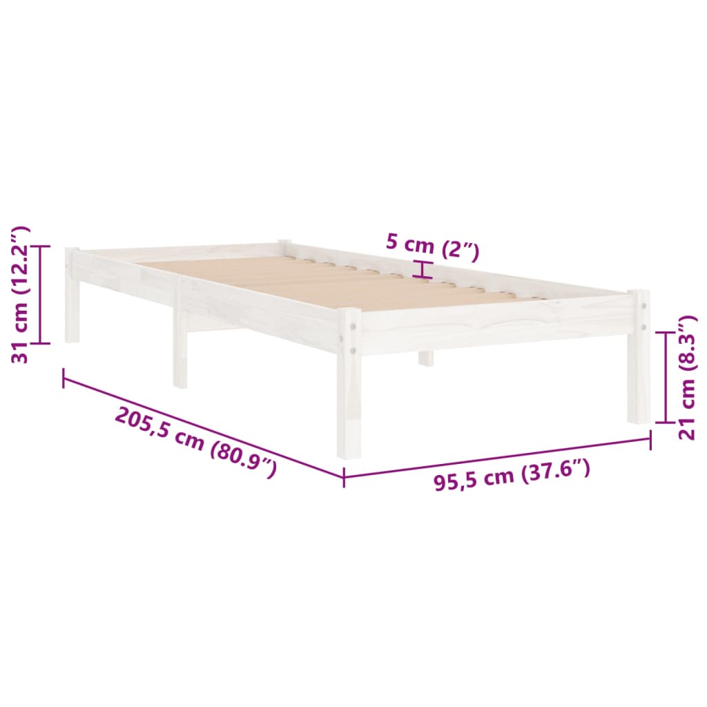 Vidaxl Bed Frame, White, Solid Pine Wood, 90 X 200 Cm