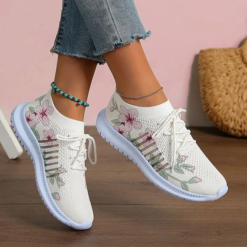Fashion Breathable Knitted Casual Sneakers for Women Lightweight Soft Sole Slip On Walking Shoes Woman Plus Size Fashion Printed Flats