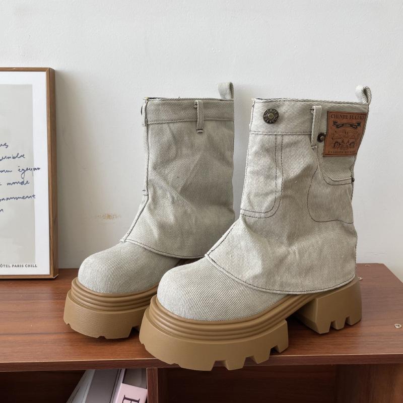 Inner Heightening Western Cowboy Boots Women's 2025 New Thick-soled Short Trouser Boots Retro Denim Old Martin Boots