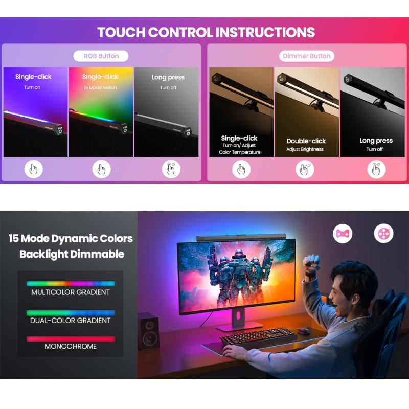 Monitorleuchte RGB Hintergrundbeleuchtung, Augenpflege Doppellicht Computer Lichtleiste Gaming Büro Schreibtischlampe, 3 Farbtemperaturen Einstellbare Helligkeit