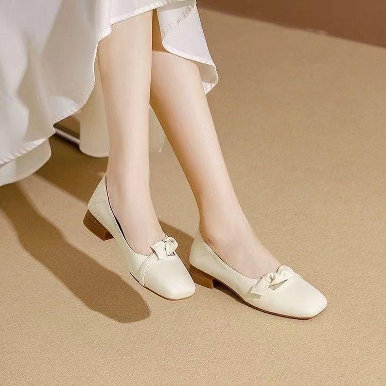 French bow thick heel high heels new soft sole soft leather with skirt grandma shoes medium heel single shoes
